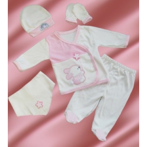 5 részes újszülött kislány babaruha szett - rózsaszín nyuszis díszdobozban 