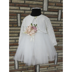 Törtfehér kislány keresztelő/alkalmi ruha csipke boleróval, kitűzővel