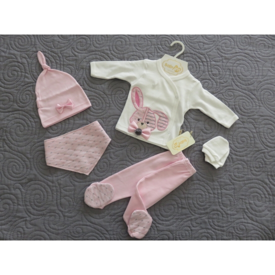 5 részes újszülött kislány babaruha szett - rózsaszín, nyuszis