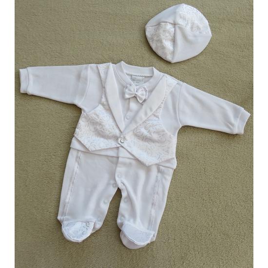 Baba, kisfiú keresztelő/alkalmi rugdalózó sapkával - hófehér, ezüst