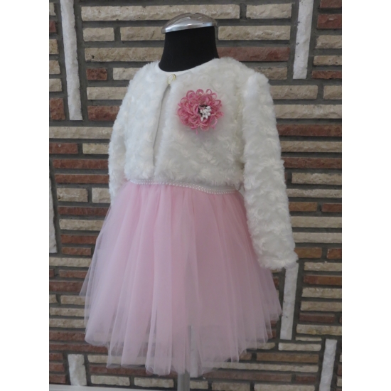 Fehér-rózsaszín kislány alkalmi ruha szőrme boleróval