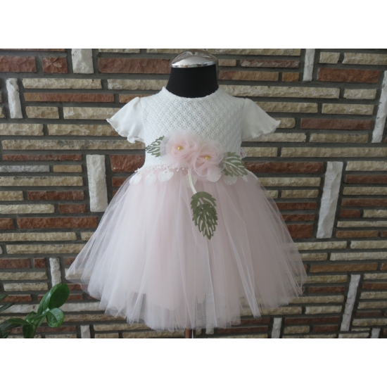 Fehér-rózsaszín kislány keresztelő/alkalmi ruha, virágdísszel