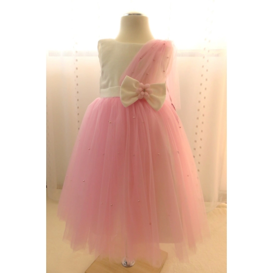 Hófehér-pink kislány tüll alkalmi/koszorúslány ruha