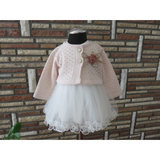 Törtfehér keresztelő/alkalmi kislány ruha púder színű boleróval